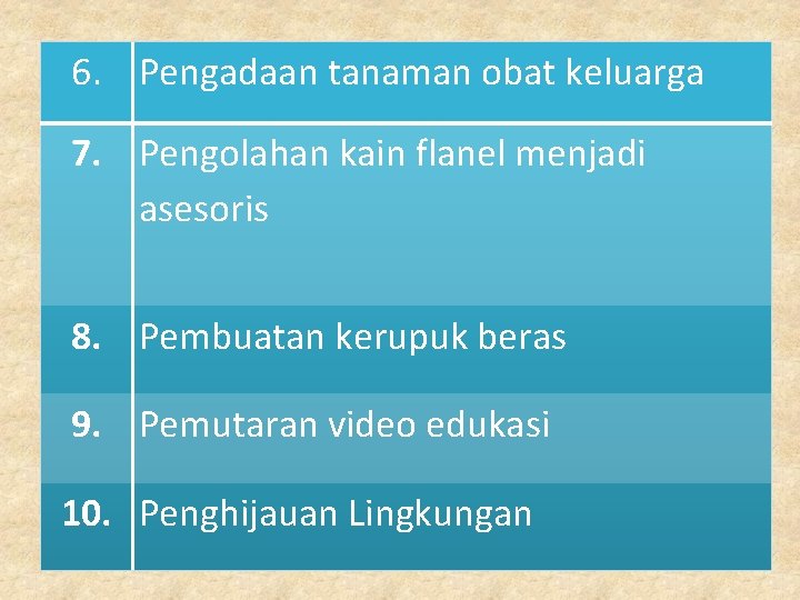 6. Pengadaan tanaman obat keluarga 7. Pengolahan kain flanel menjadi asesoris 8. Pembuatan kerupuk