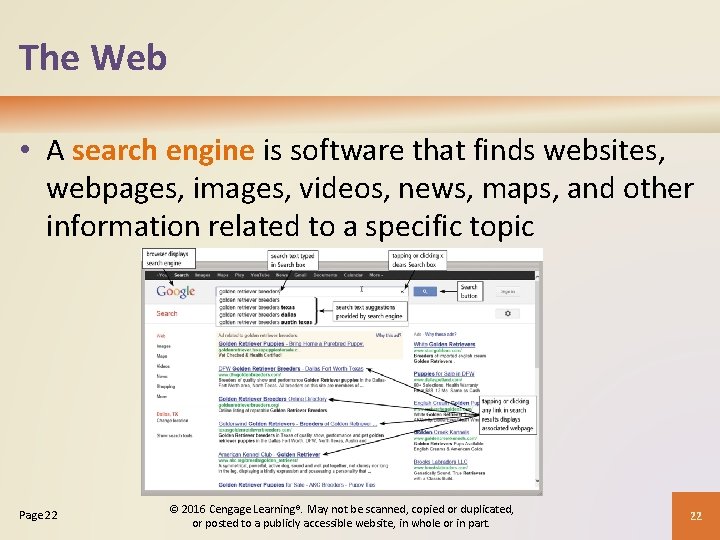 The Web • A search engine is software that finds websites, webpages, images, videos,