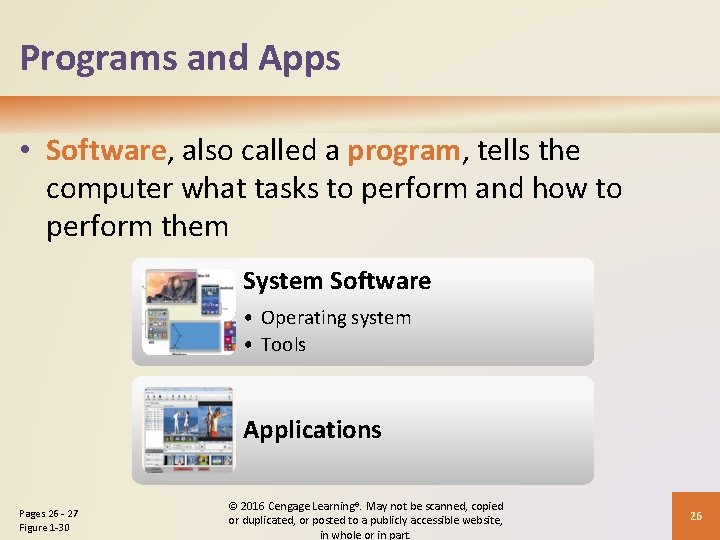 Programs and Apps • Software, also called a program, tells the computer what tasks