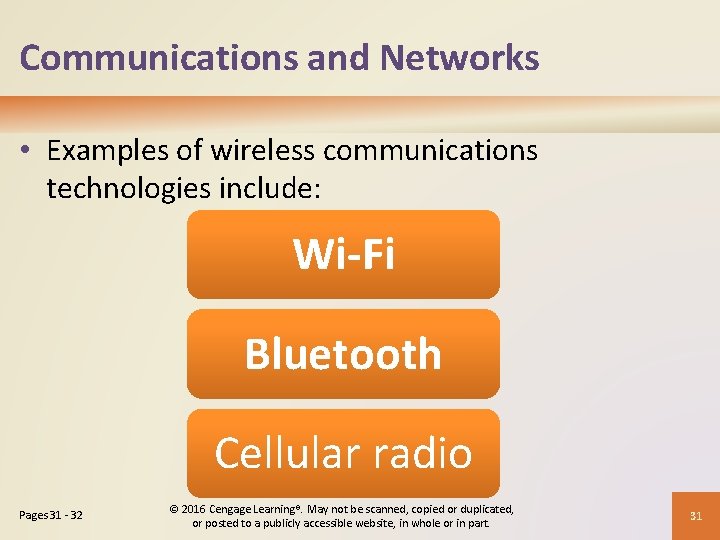 Communications and Networks • Examples of wireless communications technologies include: Wi-Fi Bluetooth Cellular radio