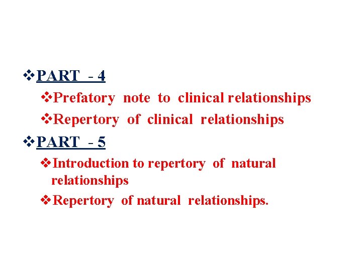 v. PART - 4 v. Prefatory note to clinical relationships v. Repertory of clinical