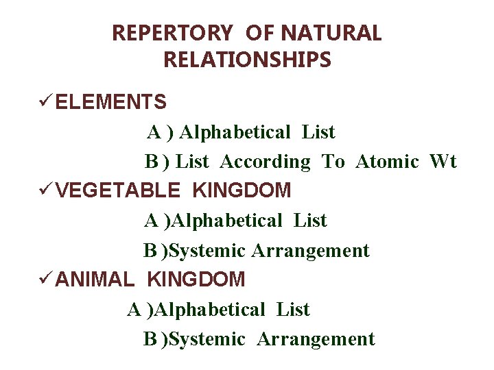 REPERTORY OF NATURAL RELATIONSHIPS ü ELEMENTS A ) Alphabetical List B ) List According