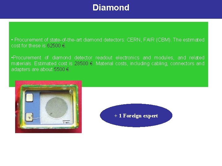 Diamond • Procurement of state-of-the-art diamond detectors: CERN, FAIR (CBM). The estimated cost for