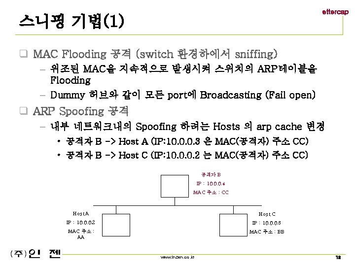 ettercap 스니핑 기법(1) q MAC Flooding 공격 (switch 환경하에서 sniffing) – 위조된 MAC을 지속적으로
