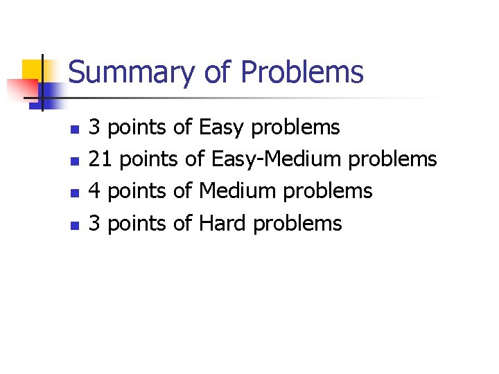 Summary of Problems n n 3 points of Easy problems 21 points of Easy-Medium