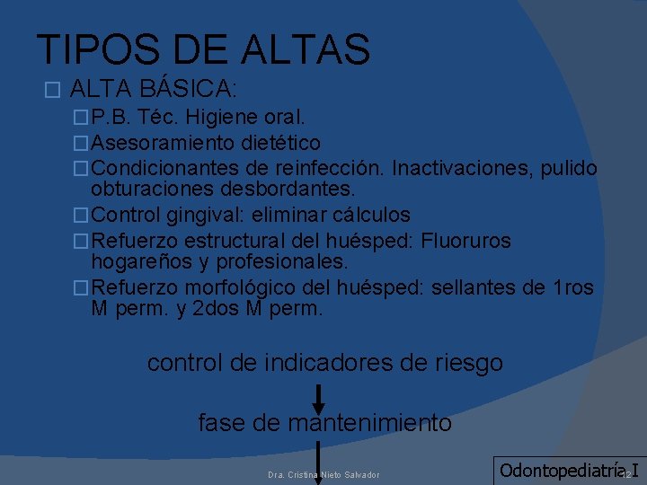 TIPOS DE ALTAS � ALTA BÁSICA: �P. B. Téc. Higiene oral. �Asesoramiento dietético �Condicionantes