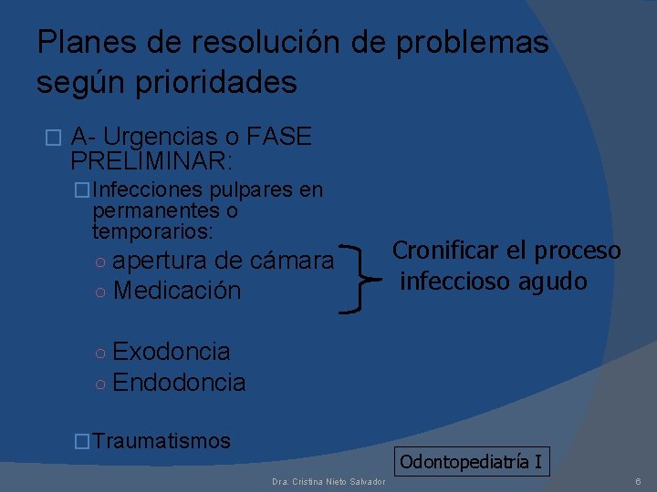 Planes de resolución de problemas según prioridades � A- Urgencias o FASE PRELIMINAR: �Infecciones