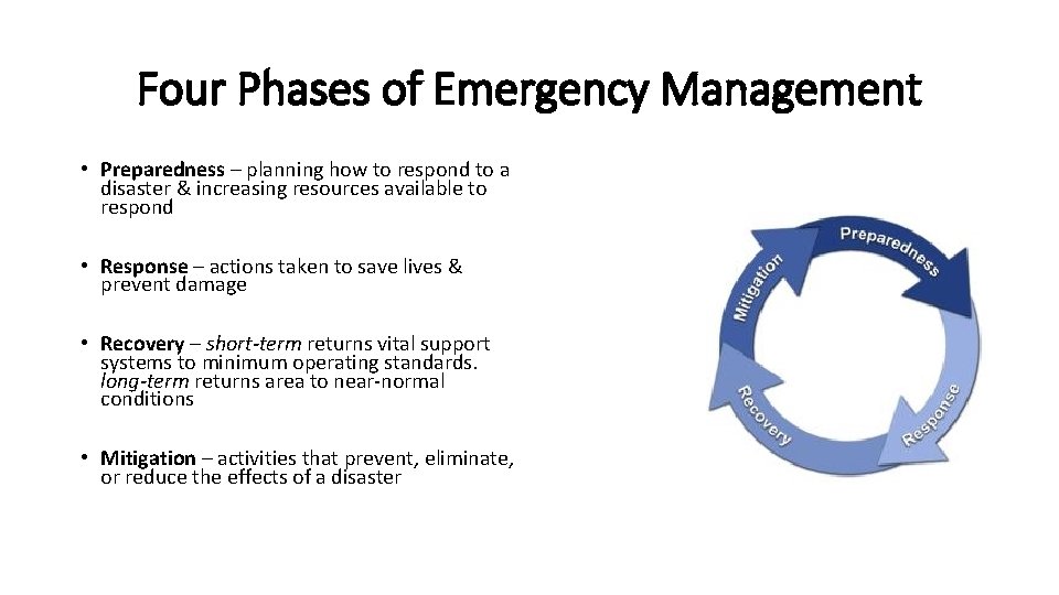 Four Phases of Emergency Management • Preparedness – planning how to respond to a