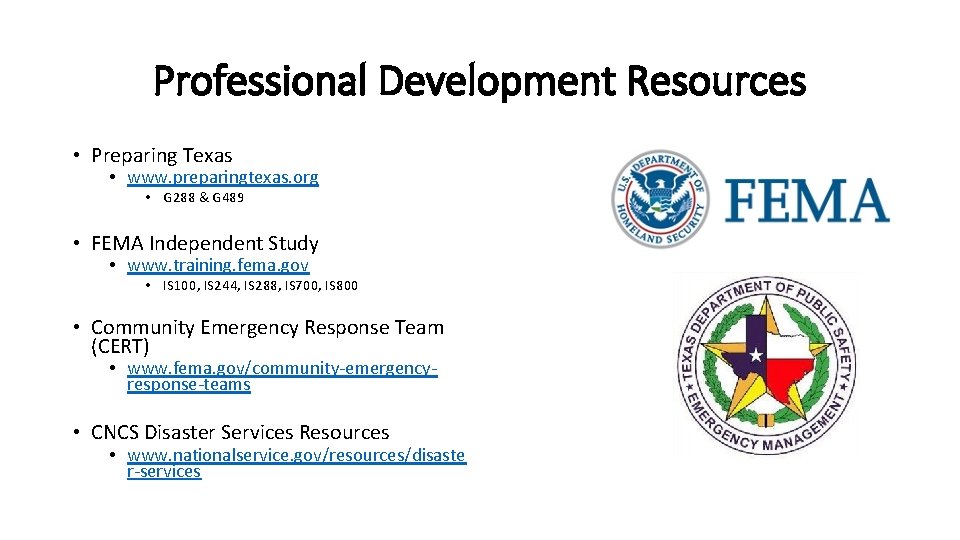 Professional Development Resources • Preparing Texas • www. preparingtexas. org • G 288 &