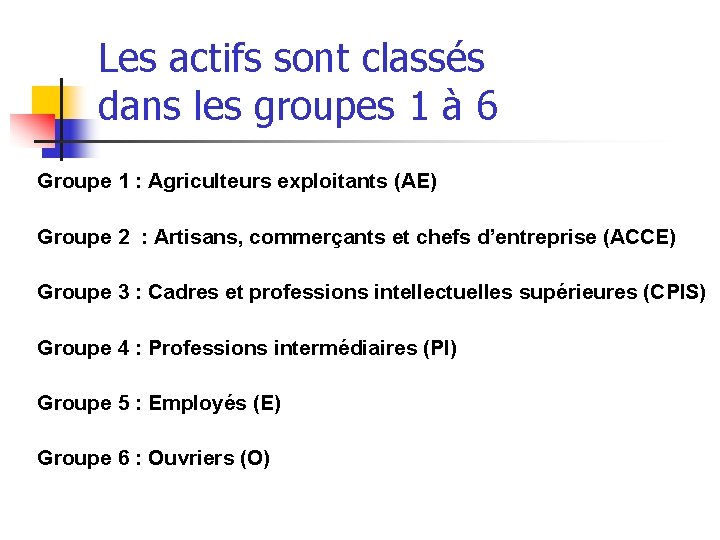 Les actifs sont classés dans les groupes 1 à 6 Groupe 1 : Agriculteurs Les actifs sont classés dans les groupes 1 à 6 Groupe 1 : Agriculteurs