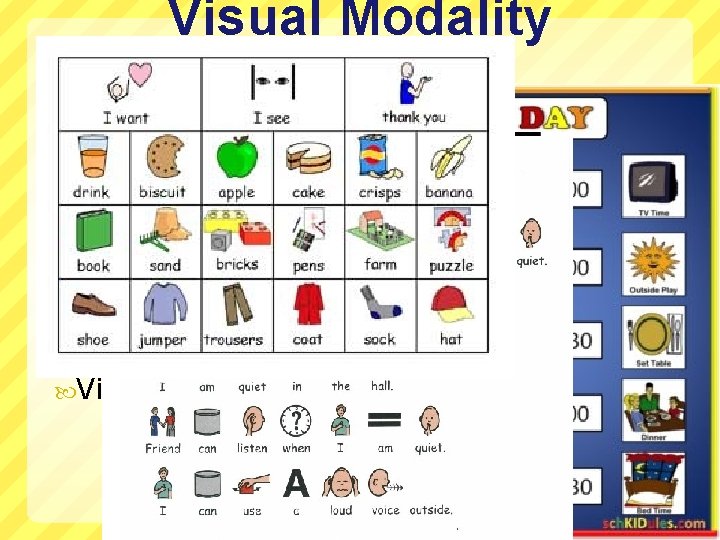 Visual Modality Strategies Visual Supports -Use of visual symbols & objects Visual Schedules Activity