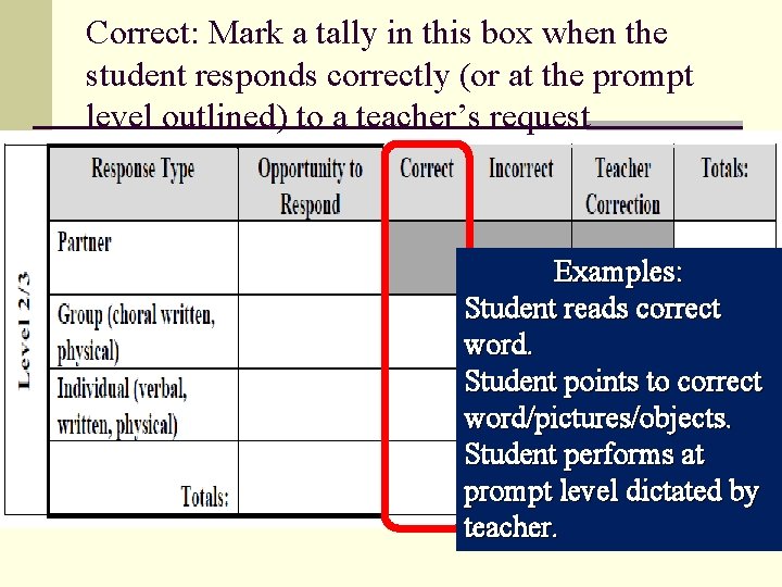 Correct: Mark a tally in this box when the student responds correctly (or at