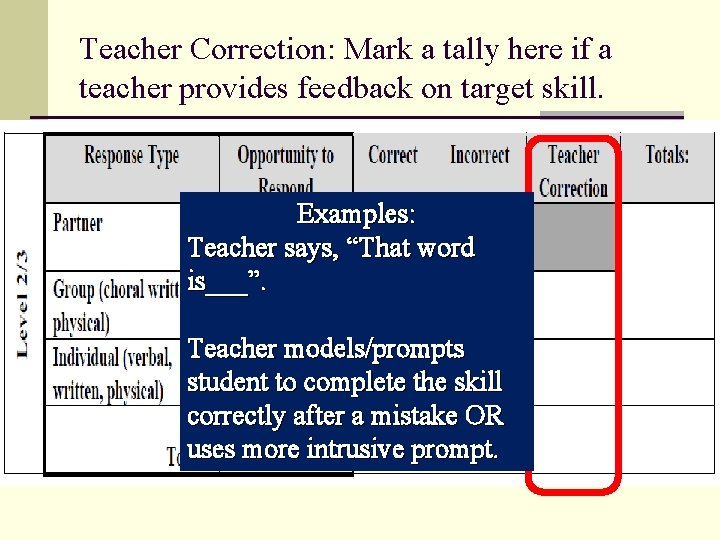 Teacher Correction: Mark a tally here if a teacher provides feedback on target skill.