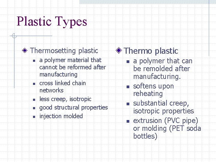 Plastic Types Thermosetting plastic n n n a polymer material that cannot be reformed