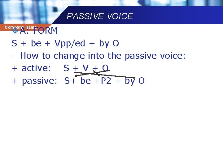 PASSIVE VOICE Company name v A: FORM S + be + Vpp/ed + by