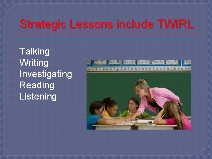 Strategic Lessons include TWIRL Talking Writing Investigating Reading Listening 