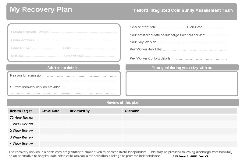 My Recovery Plan Telford Integrated Community Assessment Team Service start date: …………. . …………