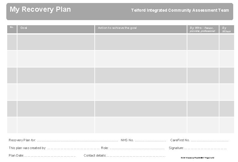 My Recovery Plan No. Goal Telford Integrated Community Assessment Team Action to achieve the