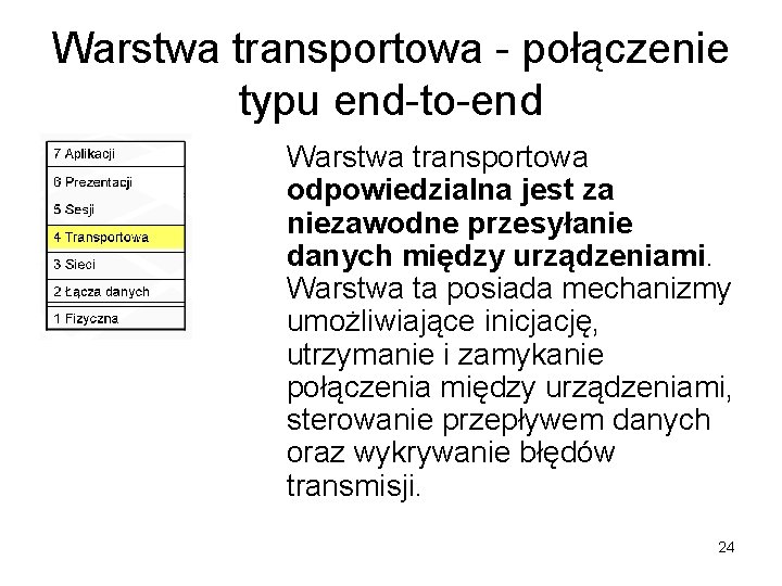 Warstwa transportowa - połączenie typu end-to-end Warstwa transportowa odpowiedzialna jest za niezawodne przesyłanie danych Warstwa transportowa - połączenie typu end-to-end Warstwa transportowa odpowiedzialna jest za niezawodne przesyłanie danych