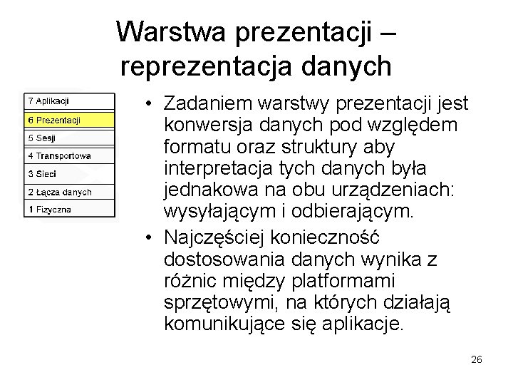 Warstwa prezentacji – reprezentacja danych • Zadaniem warstwy prezentacji jest konwersja danych pod względem Warstwa prezentacji – reprezentacja danych • Zadaniem warstwy prezentacji jest konwersja danych pod względem