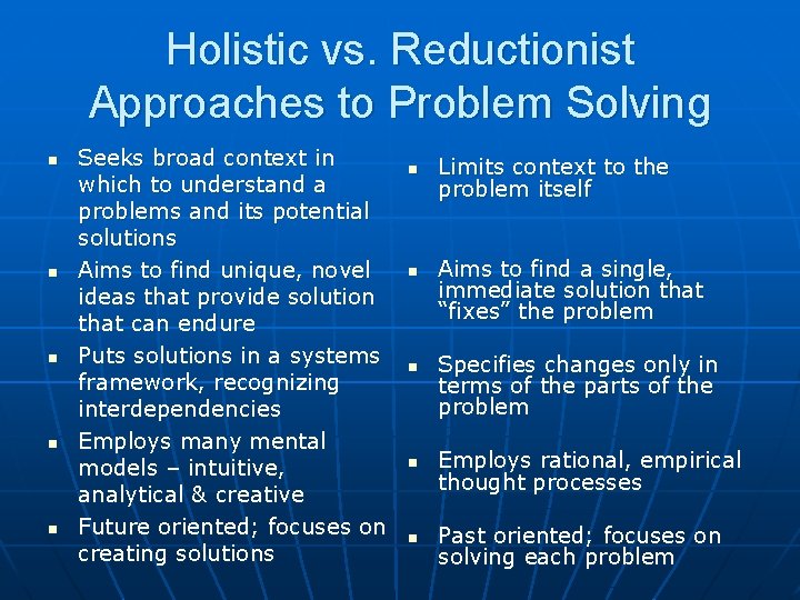 Holistic vs. Reductionist Approaches to Problem Solving n n n Seeks broad context in