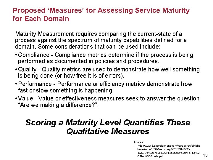 Proposed ‘Measures’ for Assessing Service Maturity for Each Domain Maturity Measurement requires comparing the