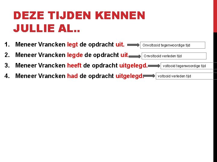 DEZE TIJDEN KENNEN JULLIE AL. . 1. Meneer Vrancken legt de opdracht uit. 2.