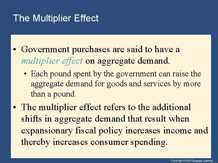 The Multiplier Effect • Government purchases are said to have a multiplier effect on