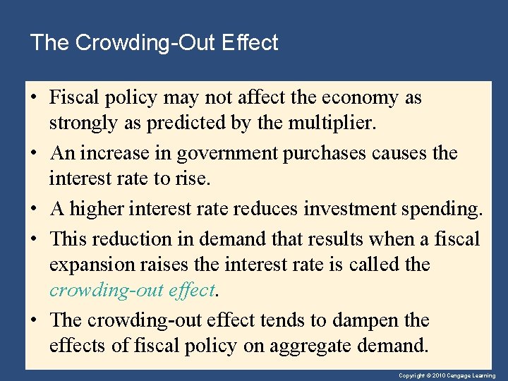 The Crowding-Out Effect • Fiscal policy may not affect the economy as strongly as