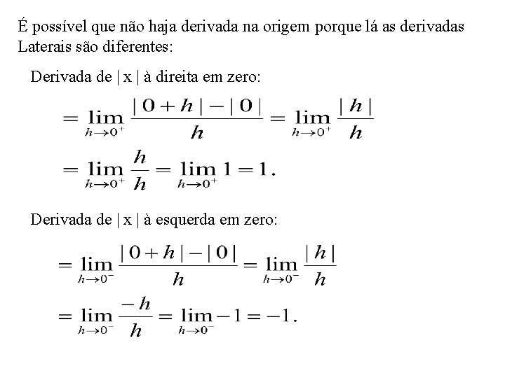 É possível que não haja derivada na origem porque lá as derivadas Laterais são