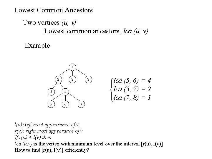 Lowest Common Ancestors Two vertices (u, v) Lowest common ancestors, lca (u, v) Example