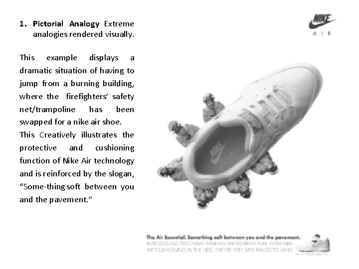 1. Pictorial Analogy Extreme analogies rendered visually. This example displays a dramatic situation of having