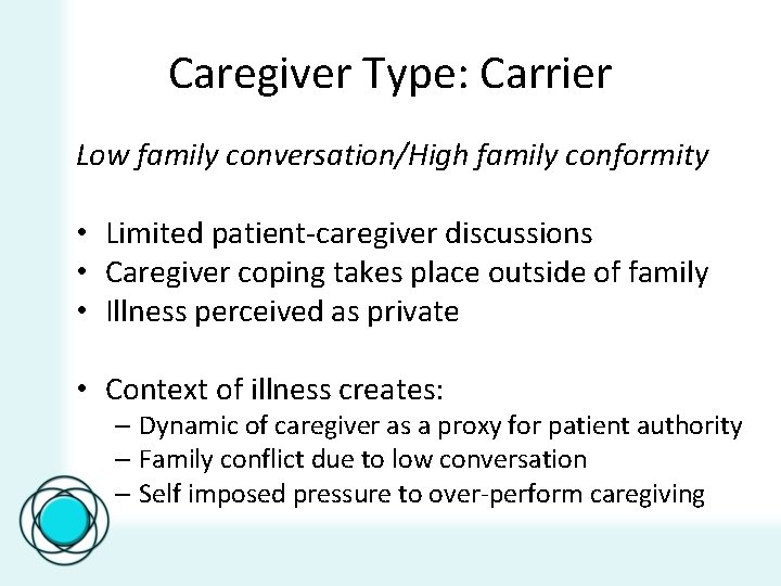 Caregiver Type: Carrier Low family conversation/High family conformity • Limited patient-caregiver discussions • Caregiver