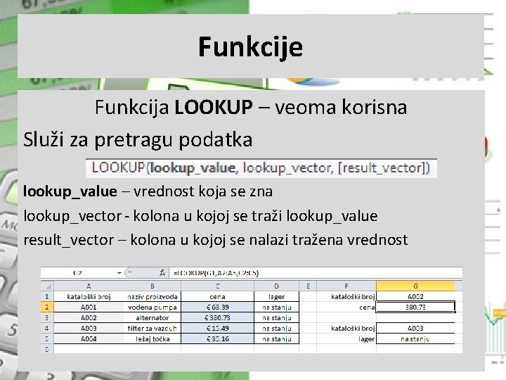 Funkcije Funkcija LOOKUP – veoma korisna Služi za pretragu podatka lookup_value – vrednost koja