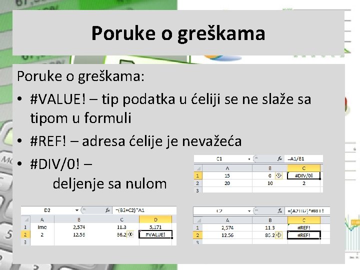 Poruke o greškama: • #VALUE! – tip podatka u ćeliji se ne slaže sa