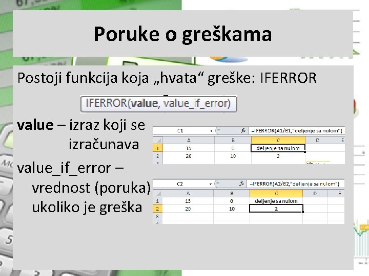 Poruke o greškama Postoji funkcija koja „hvata“ greške: IFERROR value – izraz koji se