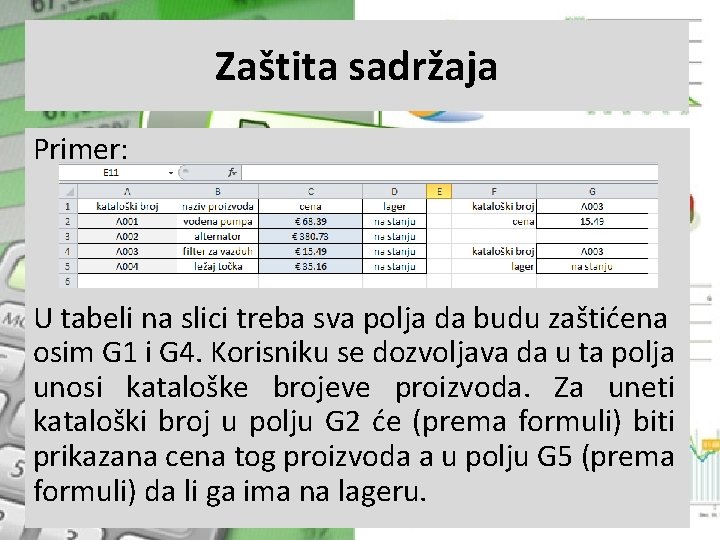 Zaštita sadržaja Primer: U tabeli na slici treba sva polja da budu zaštićena osim