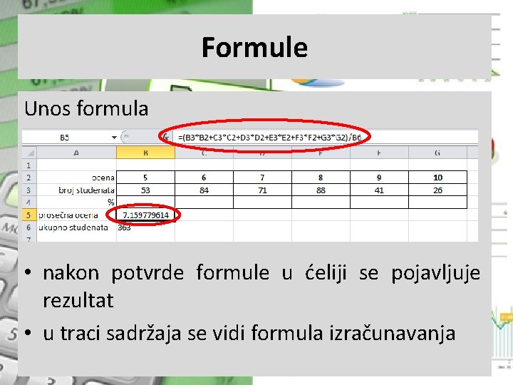 Formule Unos formula • nakon potvrde formule u ćeliji se pojavljuje rezultat • u