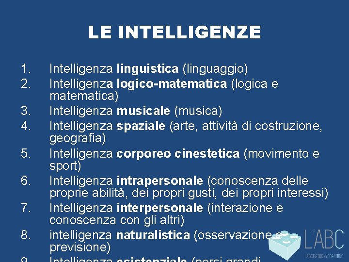 LE INTELLIGENZE 1. 2. 3. 4. 5. 6. 7. 8. Intelligenza linguistica (linguaggio) Intelligenza