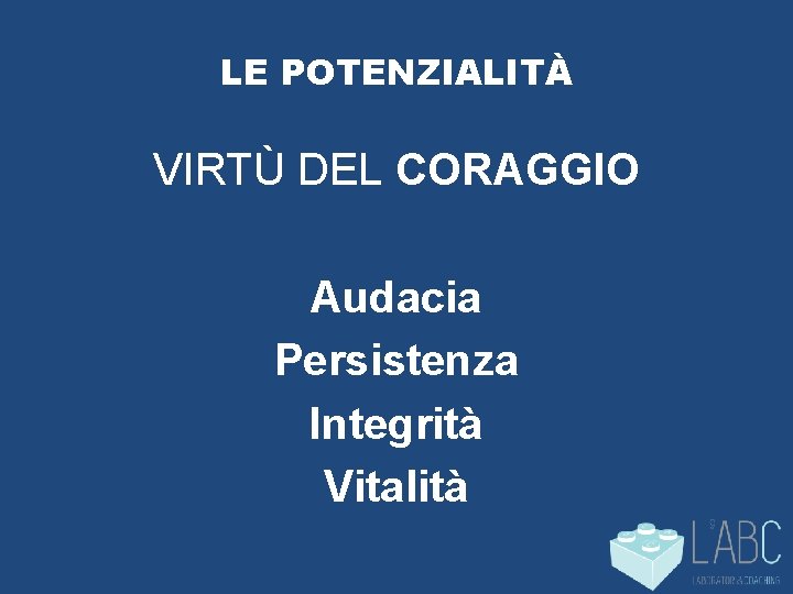 LE POTENZIALITÀ VIRTÙ DEL CORAGGIO Audacia Persistenza Integrità Vitalità 