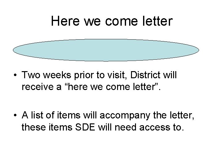 Here we come letter • Two weeks prior to visit, District will receive a