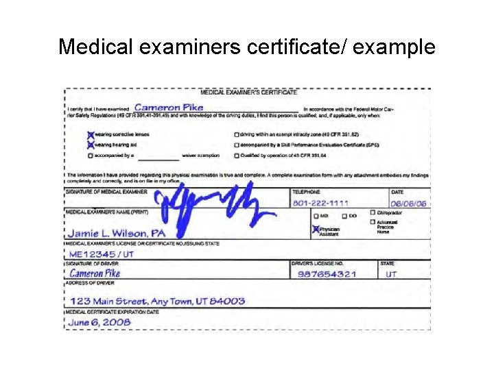 Medical examiners certificate/ example 