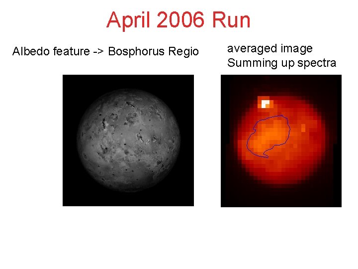 April 2006 Run Albedo feature -> Bosphorus Regio averaged image Summing up spectra April 2006 Run Albedo feature -> Bosphorus Regio averaged image Summing up spectra