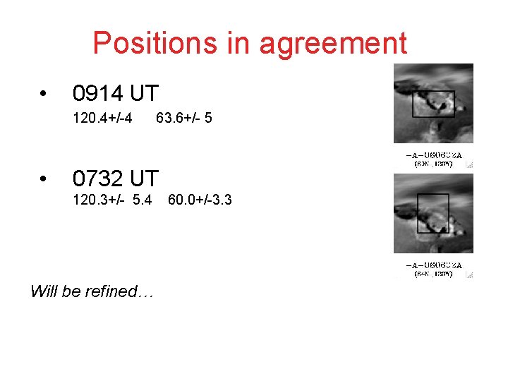 Positions in agreement • 0914 UT 120. 4+/-4 • 63. 6+/- 5 0732 UT Positions in agreement • 0914 UT 120. 4+/-4 • 63. 6+/- 5 0732 UT
