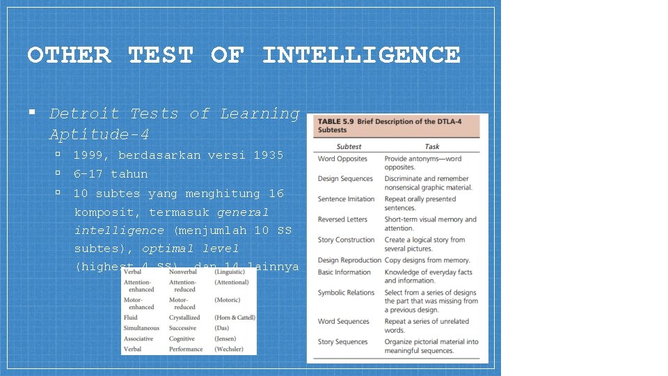 OTHER TEST OF INTELLIGENCE ▪ Detroit Tests of Learning Aptitude-4 ▫ 1999, berdasarkan versi