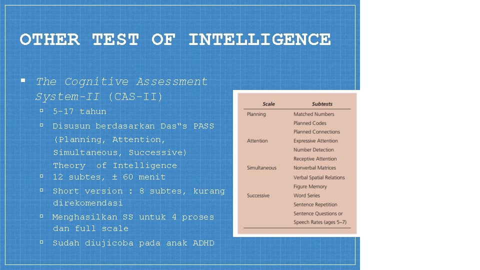 OTHER TEST OF INTELLIGENCE ▪ The Cognitive Assessment System-II (CAS-II) ▫ 5 -17 tahun