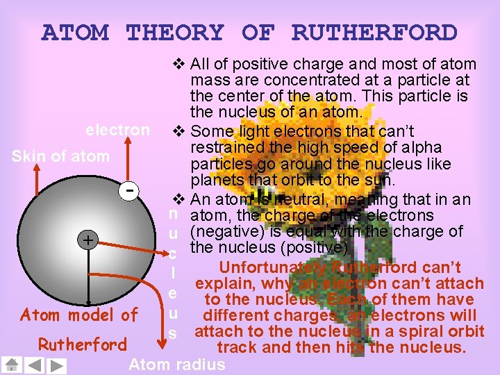 ATOM THEORY OF RUTHERFORD v All of positive charge and most of atom mass