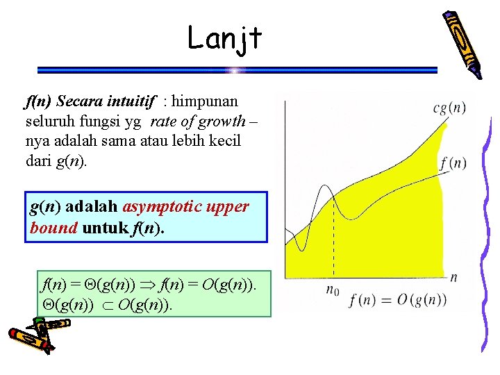 Lanjt f(n) Secara intuitif : himpunan seluruh fungsi yg rate of growth – nya