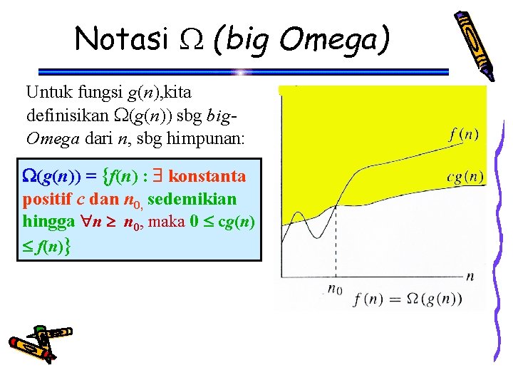 Notasi (big Omega) Untuk fungsi g(n), kita definisikan (g(n)) sbg big. Omega dari n,