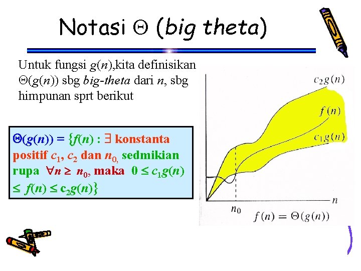 Notasi (big theta) Untuk fungsi g(n), kita definisikan (g(n)) sbg big-theta dari n, sbg